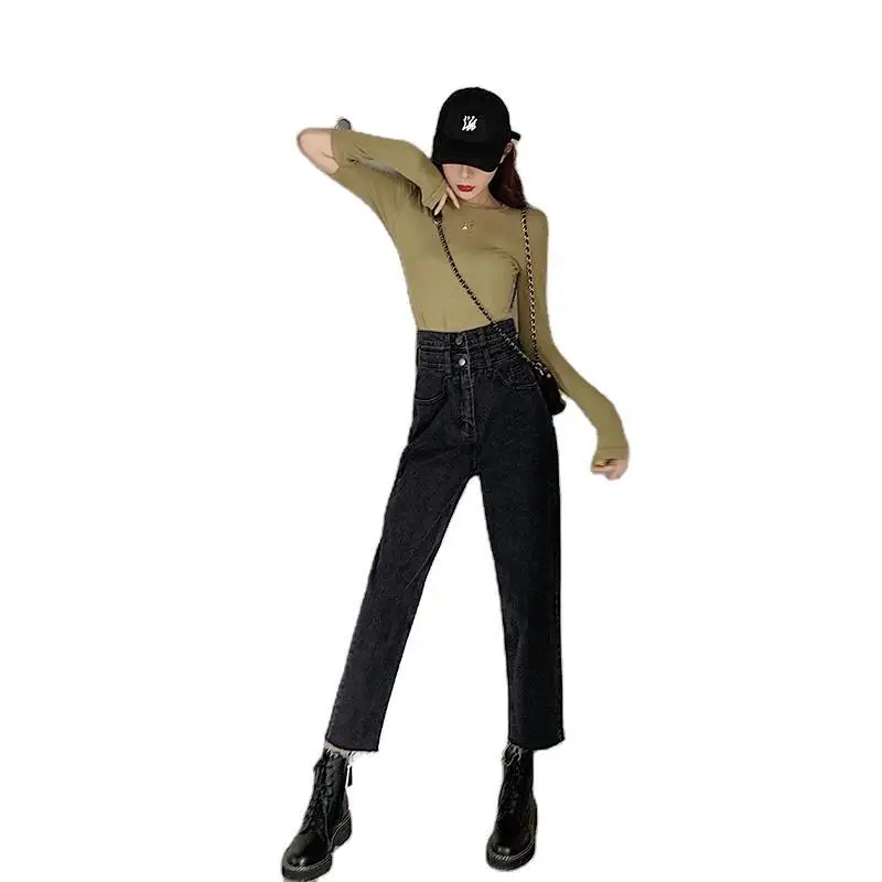 

Autumn New New Korean Fashion Hong Kong Style High Waist Washed Jeans Ripped Edge Capris Women's Trend