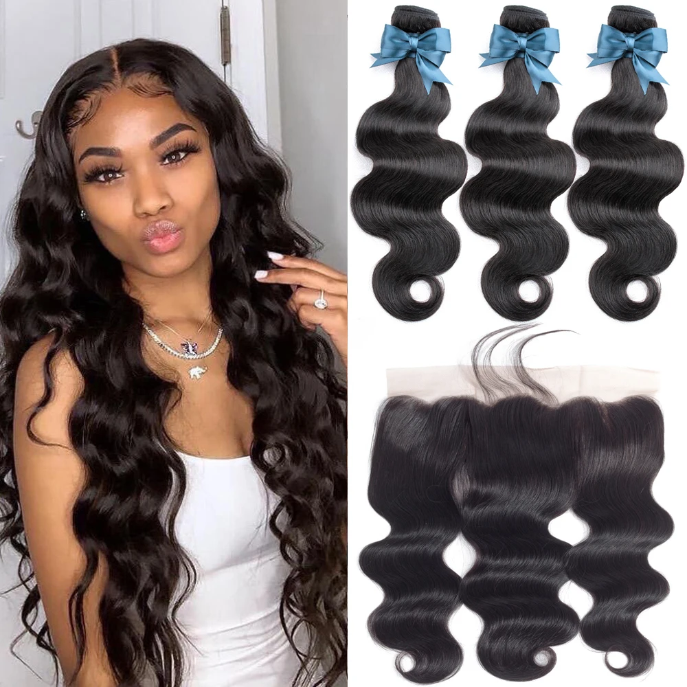 Luxediva Brazilian Hair Weave Bundles With Frontal 13x4 Body Wave Human Hair 3/4 Bundles With Lace Closure Bulk Lots Extensions