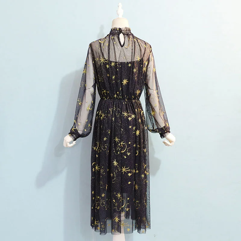 Женское Сетчатое платье средней длины с вышивкой в виде звезд и луны длинное