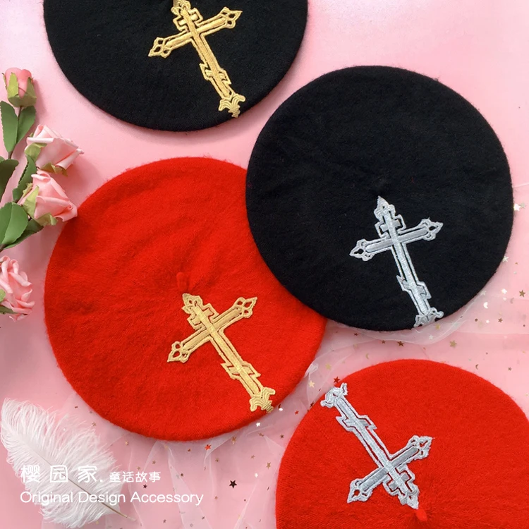 

Красные, черные женские береты Kawaiisen ручной работы с вышивкой крестиком, Классические береты с золотыми и серебряными нитями, шапка для дево...