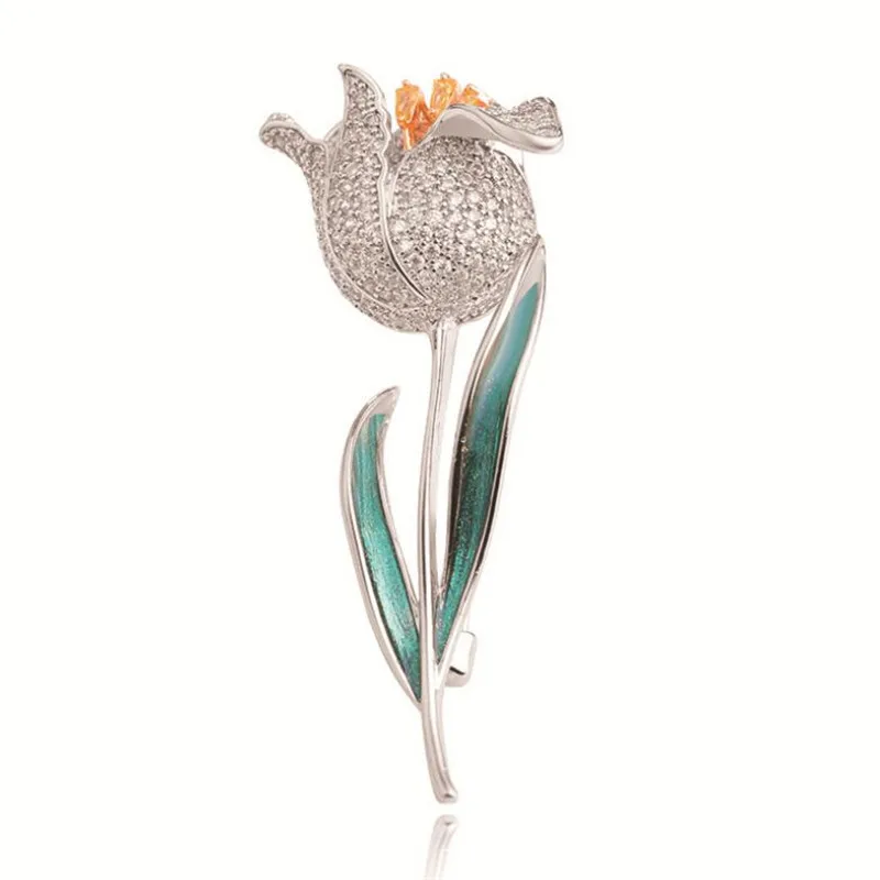 Красивый горный хрусталь цветок брошь эмалированный штифт в форме тюльпана от AAA