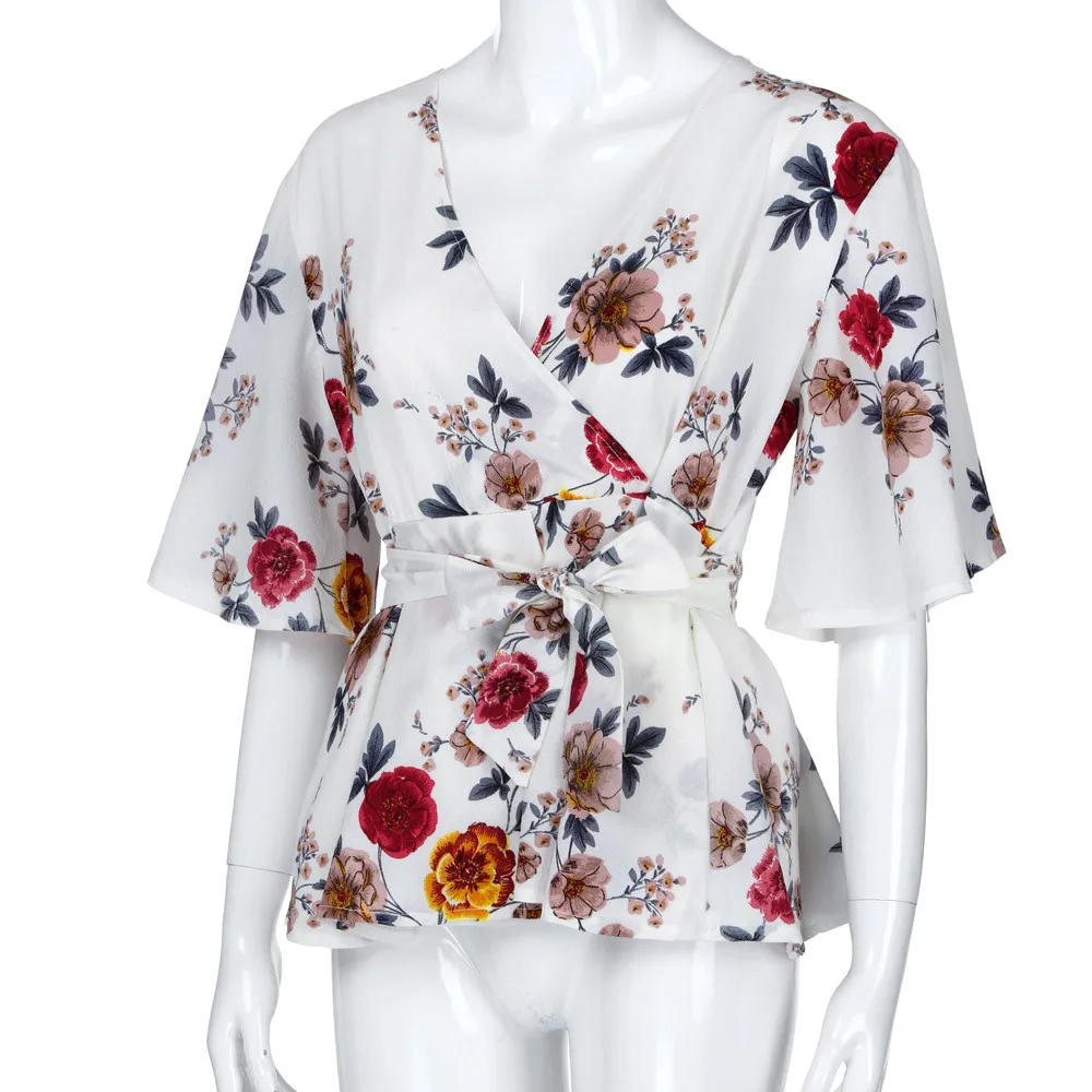 Женская блуза с цветочным принтом V образным вырезом и поясом|Блузки| |