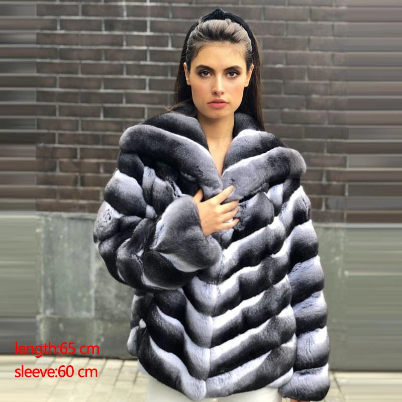 2022 Fashion Real Chinchilla Color Rex Rabbit Fur Coat With Hood For Women Winter Outwear Thick Warm Genuine Fur Jackets Natural
