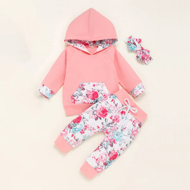 

New Newborn Infant Baby Girls Autumn Winter Clothes Sets 3PCS Long Sleeve Hooded Floral Sweatshirt Tops+Long Pants