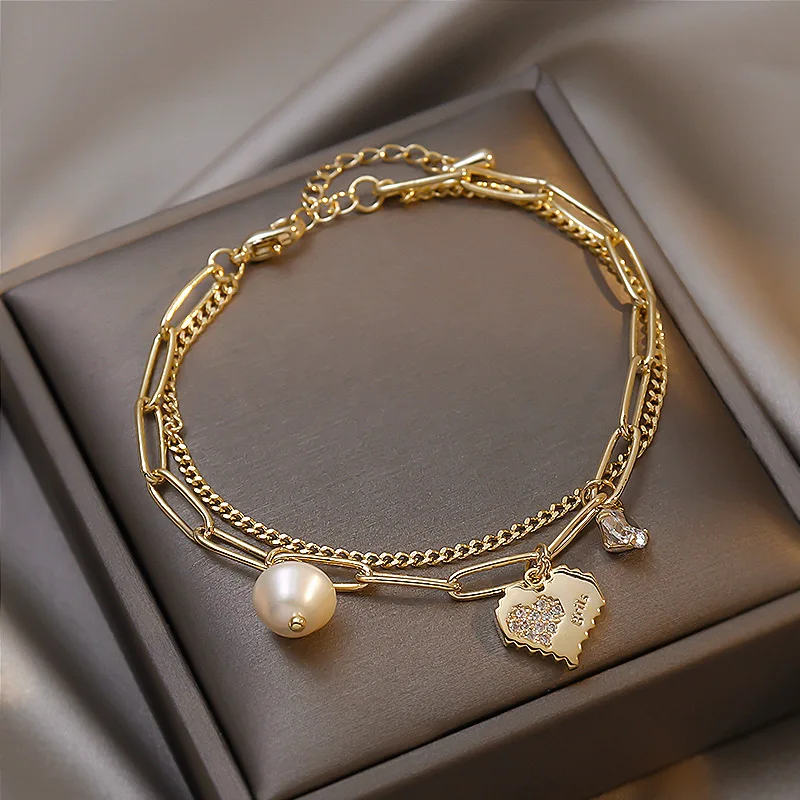 

Minar Stylish Natural Freshwater Pearl Charm Bracelets for Women Layered Gold Color Linked Chain Love Heart Pendant Bracelet