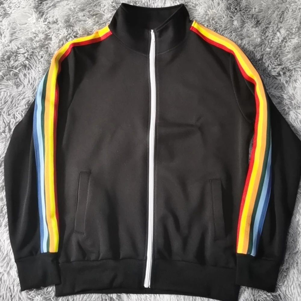 

2021 New Unisex Jacket Spring And Autumn Rainbow Trim Jacket Men's Sports Casual Loose Couple Jacket Track And Field Sportswear