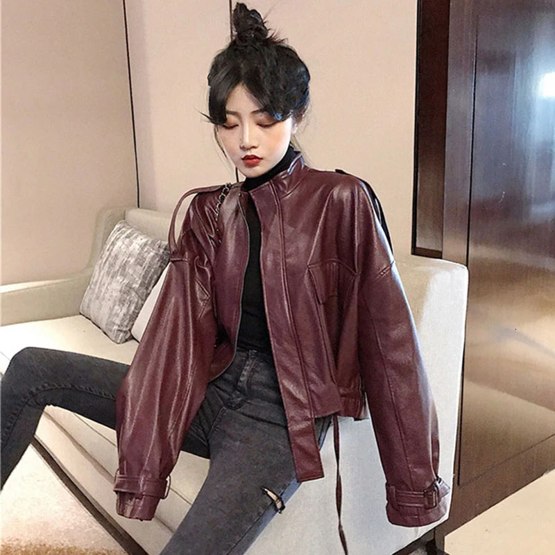 Свободная винтажная женская черная куртка из искусственной кожи Женское пальто