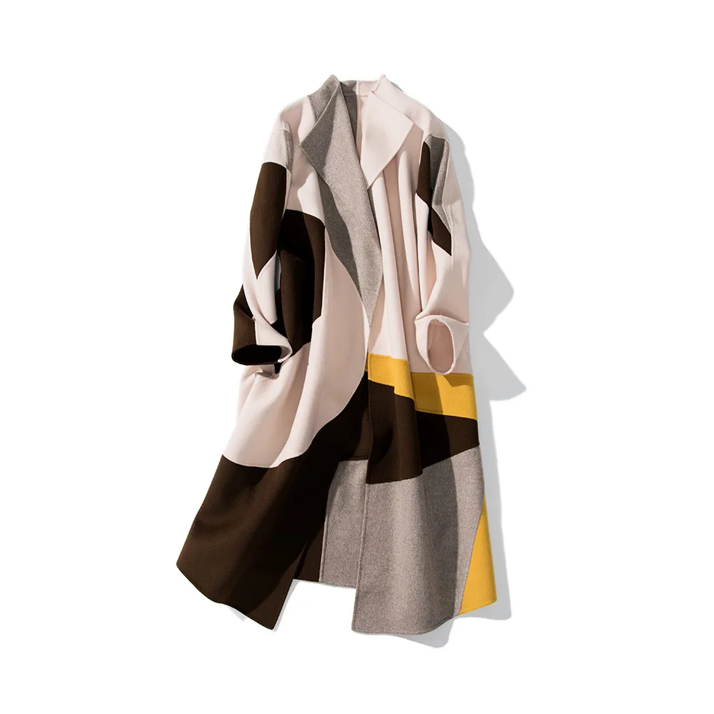 

Дизайнерское нишевое контрастное длинное двухстороннее шерстяное пальто, Сращивание для женской широкой свободной кашемировой куртки с п...