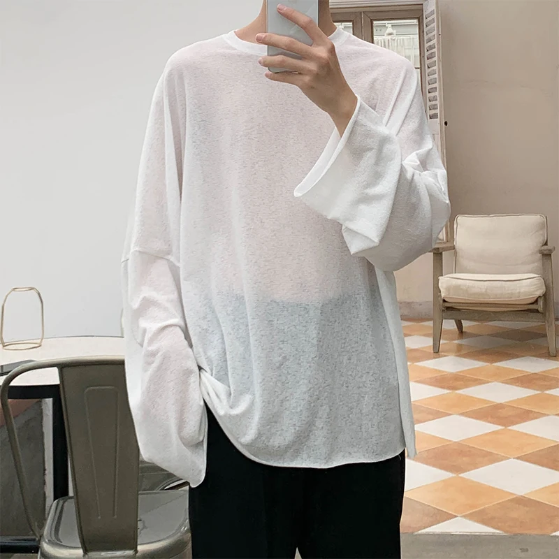 Парная футболка мужская с длинным рукавом белая Повседневная тонкая прозрачная