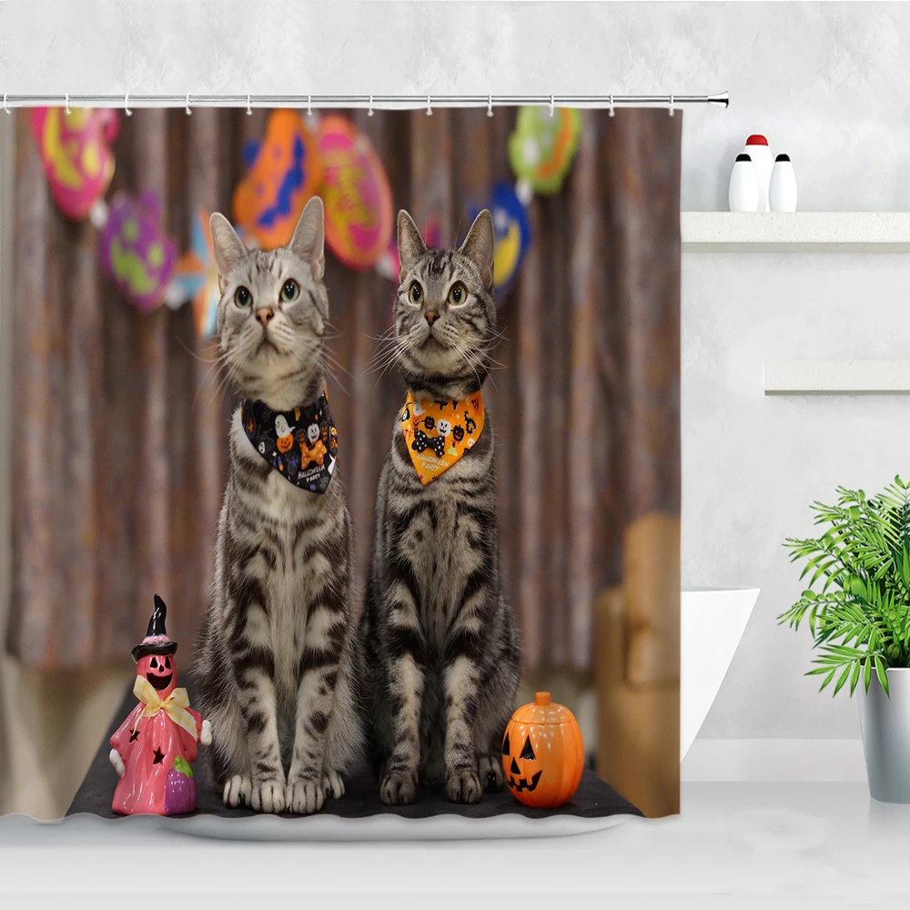 

Занавеска для душа с изображением милого кота, тыквы, Хэллоуина, домашний декор, креативная занавеска для ванной комнаты, тканевый экран для...