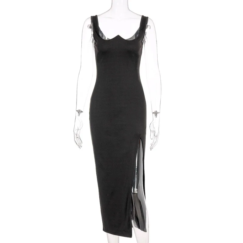 

Midi Dress Women 2020 New Summer Elegant Party Dress Sexy Black High Split Dress Sleeveless Backless Club Vestido Female Bodycon