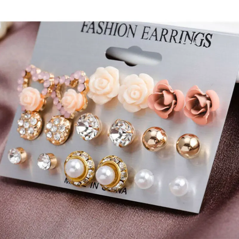 9 Pairs stud earring 9 пар серьги набор цветок кристалл серьги для женщин модные элегантные жемчужные серьги Свадебные украшения - Окраска металла: 9 Pairs stud earring