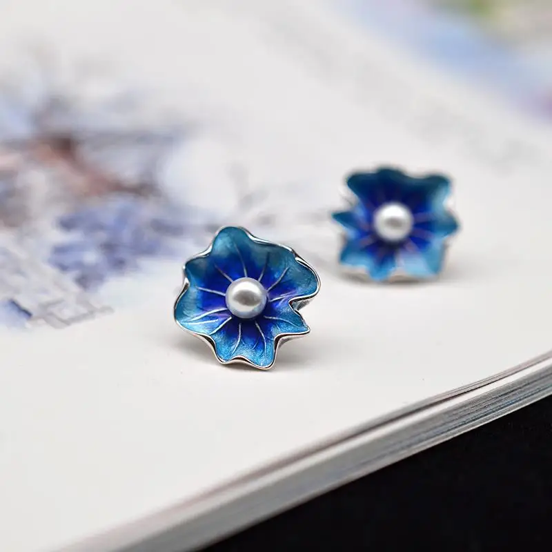 

silver inlaid natural South Sea pearl burnt blue cloisonne lotus leaf earrings Chinese retro elegant charm women's brand jewelry