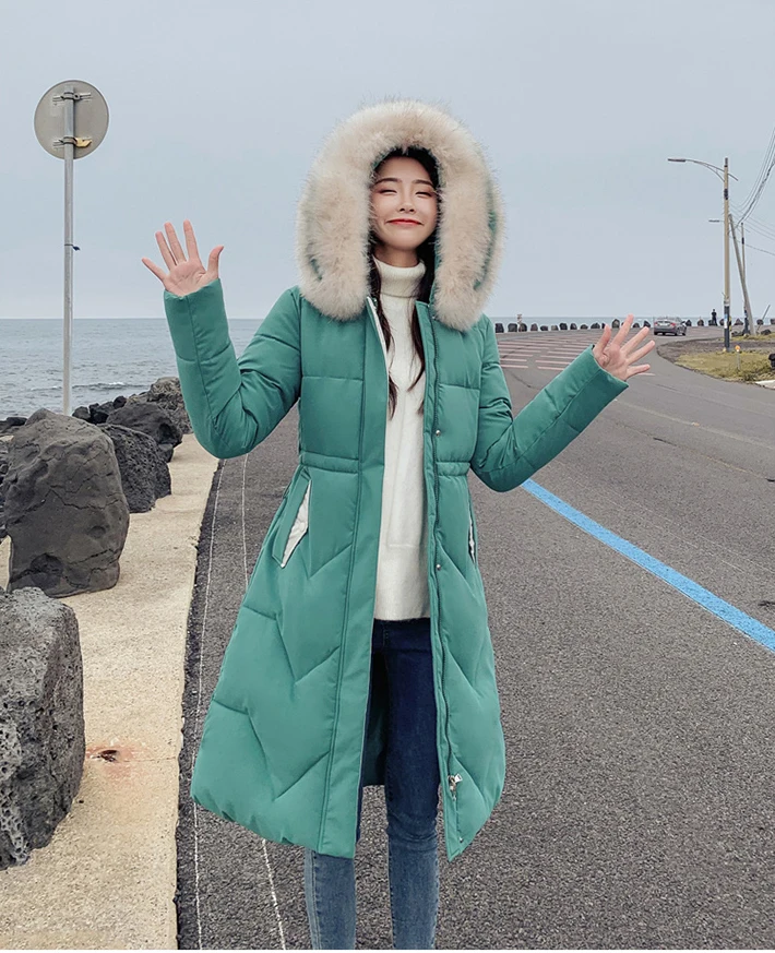 Green Ins Winter New Women's Hooded Down Parka Long Jacket Casual Big Fur Zipper Full Sleeve Korean Style Thick Coat C90802K - Цвет: Green
