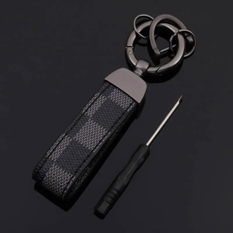 

Red Blue Square Pattern Leather Keychain Luxury Old Flower Leather Circle Buckle Keychains Auto Car Waist Key Chain Keyholder