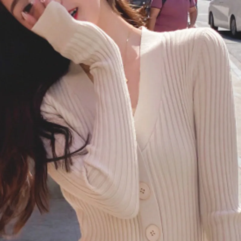 

2021 New Autumn Winter Knitted Dress Women Solid Single Breasted Casual Sheath Hip Sweater Vintage Robe Female Vestido De Mujer