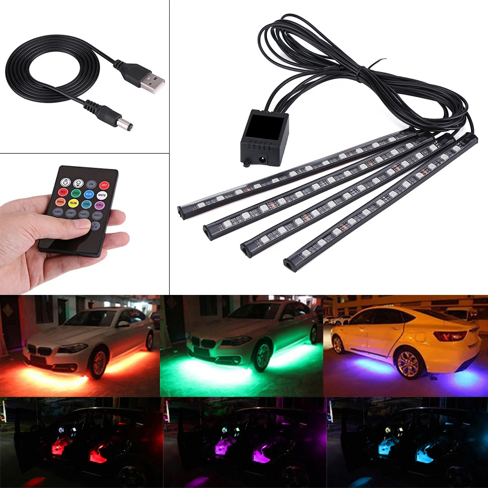 

5V 4x 12SMD Car Interior RGB LED Strip Lights Foot Atmosphere Light Remote Control 4*12LED