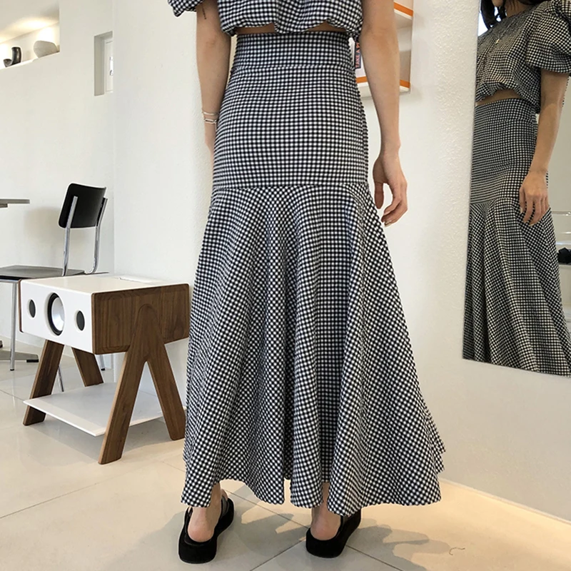 GALCAUR Plaid Two Piece Set Women O Neck Puff Short Sleeve Vintage T-shirt High Waist Bodycon Maxi Skirts Suits Female New 2020 |