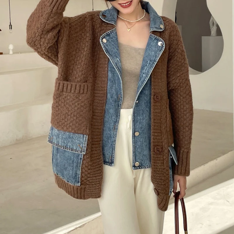 

2021 Denim Patchwork Knitting Women's Cardigan Sweater Loose Turn Down Neck Long Sleeve New Fashion Spring Autumn 2021