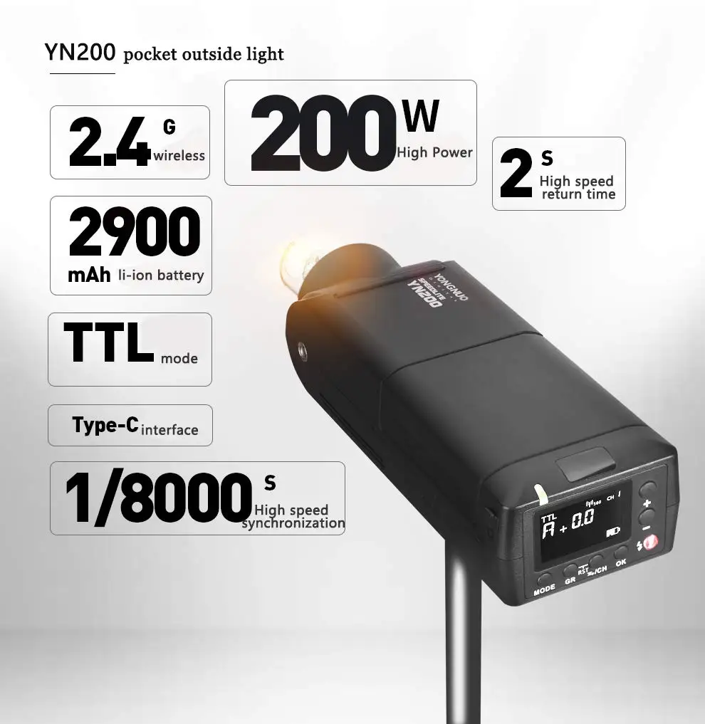 Беспроводная литиевая батарея YONGNUO YN200 Speedlite 200 Вт поддерживает TTL/M/Multi Flash Mode для