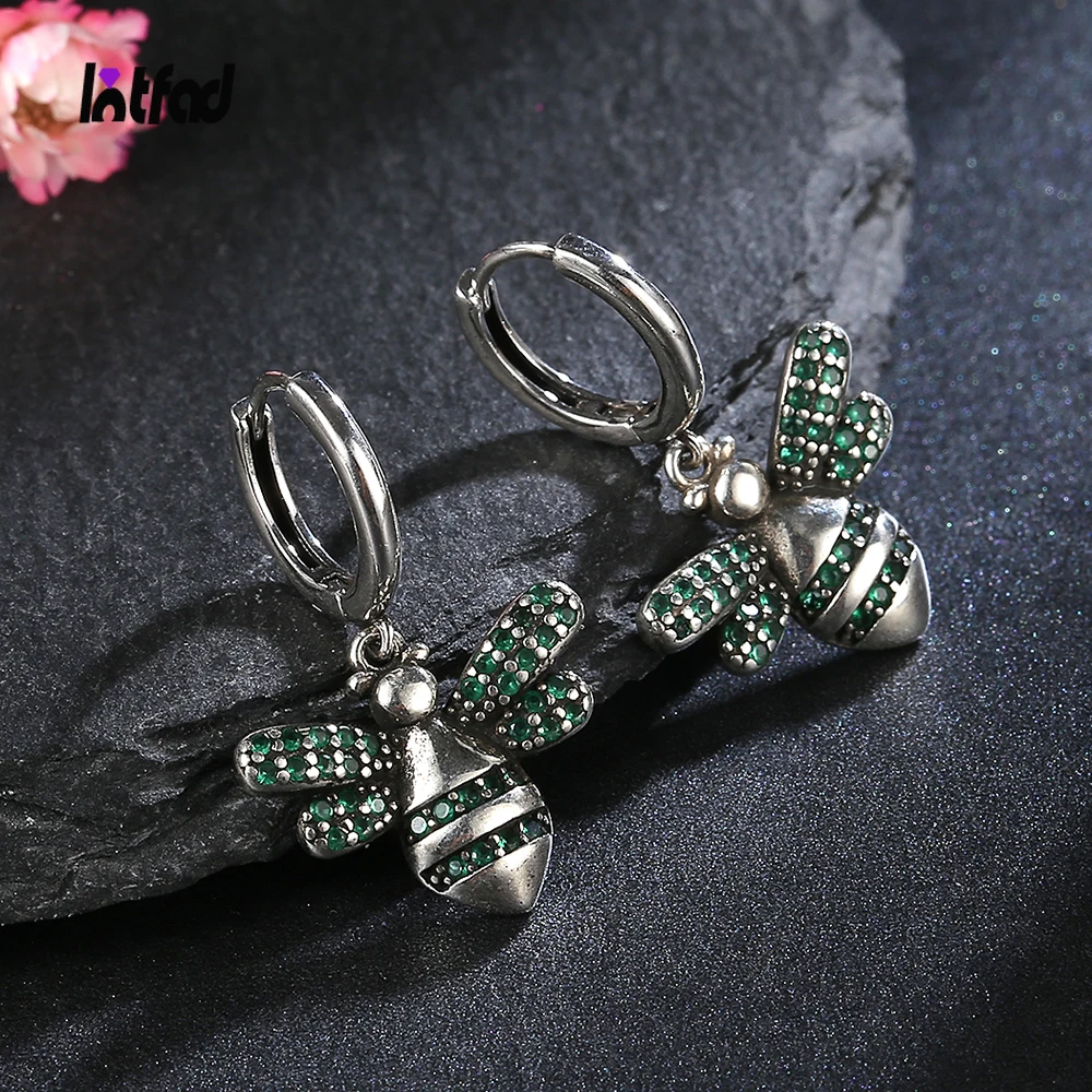 

Green Cute Bee Hoop Earrings 925 Sterling Silver Animal Ear Jewelry for Women Gift Fashion Fine Party Accessories Wholesale