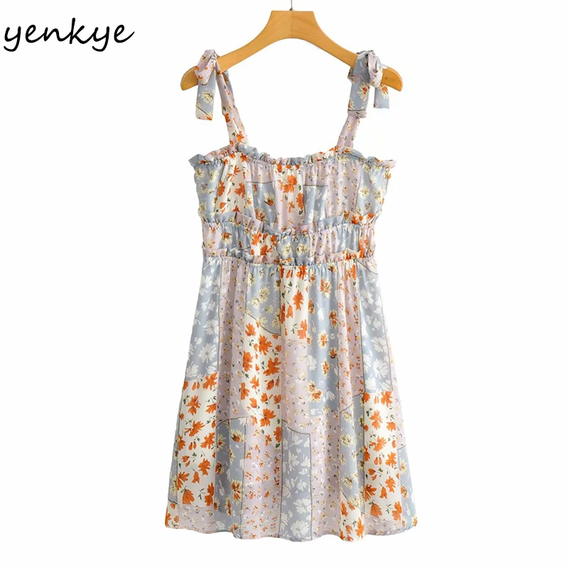 

YENKYE Sexy Sling Summer Holiday Beach Dress Women Fungus Edge Patchwork Floral Print Chiffon Dress Short Vestido