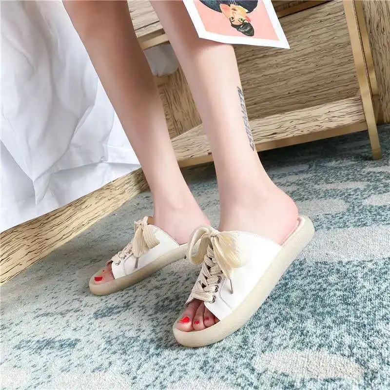 Summer New 2020 Fashion Leisure Womens Shoes Soft Bottom Sandals Cross-tied Tendon Bottom Flat With Low (1cm-3cm) Non-slip Solid