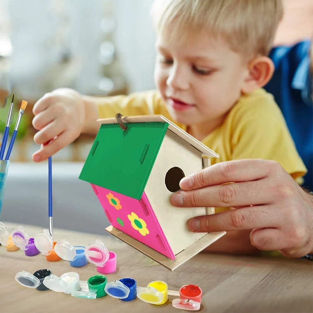

Home Bird House Kit Wooden Arts Hanging For Kids Garden Pet Supplies Paints Brushes Crafts Girls Boys Building Paint Birdhouse