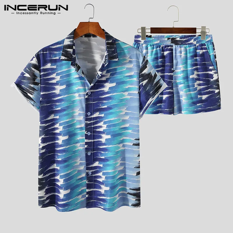 

INCERUN 2022 Men Hawaiian Sets Breathable Lapel Short Sleeve Shirt Vacation Shorts Streetwear Summer Casual Men's Suits 2 Pieces