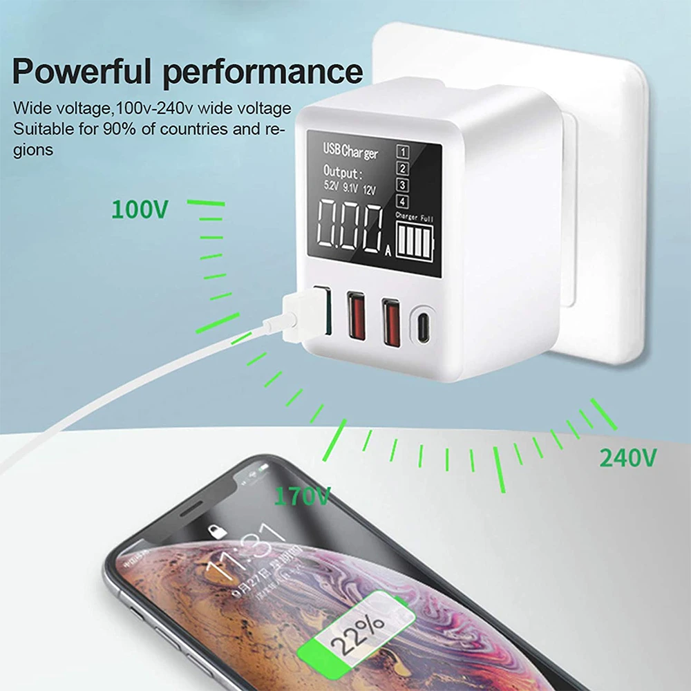 

QC3.0 USB Charger 40W Quick Charge Wall Travel Mobile Phone Adapter with LED Display For iPhone Xiaomi Huawei Samsung