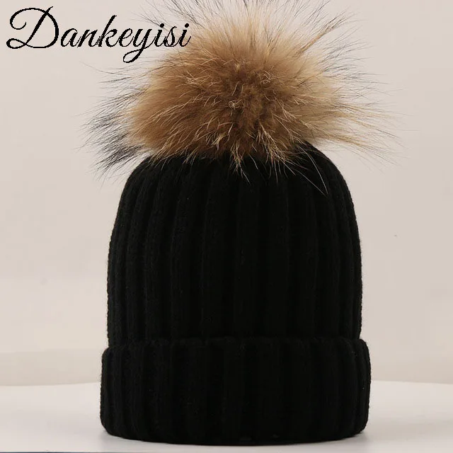 

DANKEYISI Mink Fur Ball Cap Fur Pom Poms Skullies Beanies Boy Winter Hat For Children Girl Hat Knitted Beanies Thick Female Cap