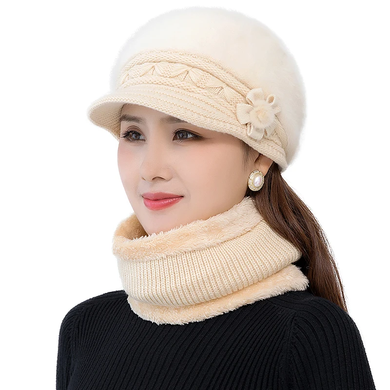 

Women's Hat New Winter Fur Warm Scarf Cap Two Piece Set Girls Fashion Casual Rabbit Hair knitted Hat