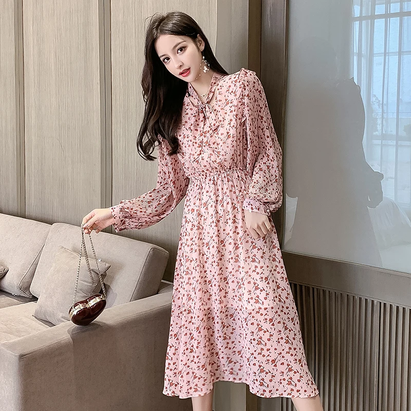 Новинка 2020 весеннее женское платье с цветочным рисунком длинным рукавом в