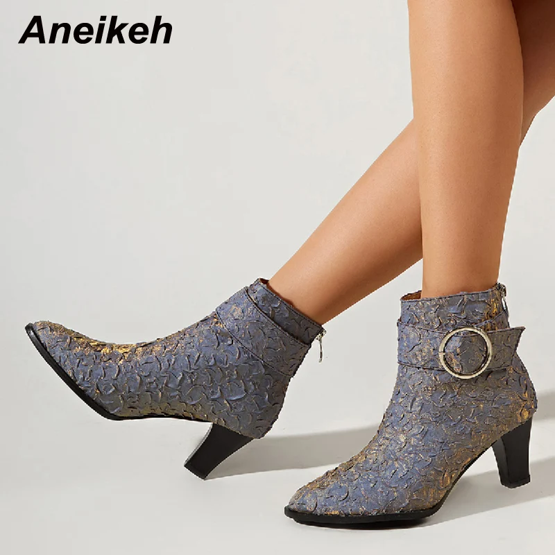 

Aneikeh Sexy Buckle Platform Shoes Fretwork Novelty Chelsea High Autumn Boots Nightclub Square Heel Women Botines Zip Show Props