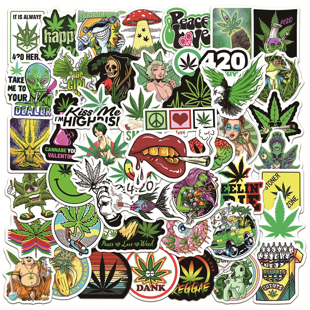 

10/30/50pcs Leaves Weed Smoking Stickers Funny Characters Graffiti Decals Toy Motorcycle Luggage Suitcase Phone Car Bike Sticker