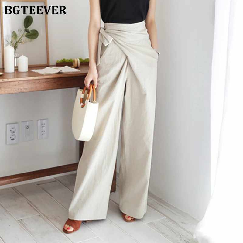 Женские повседневные льняные штаны BGTEEVER мягкие свободные однотонные брюки с