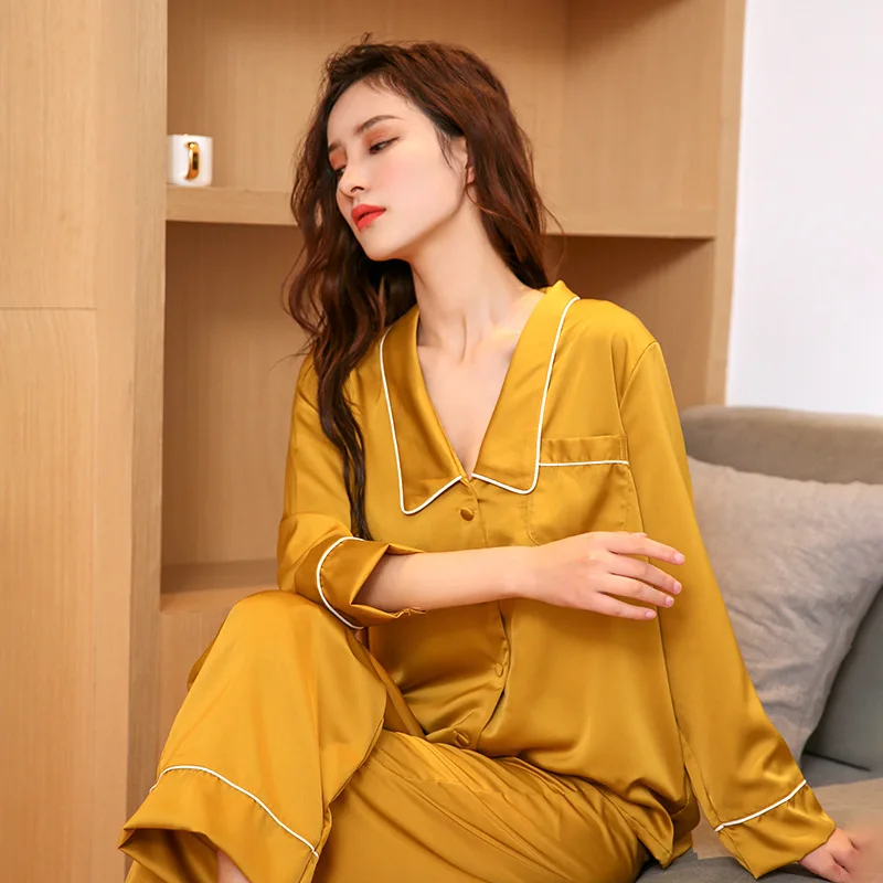 Пижама женская атласная однотонная тонкий кардиган с длинным рукавом | Женская