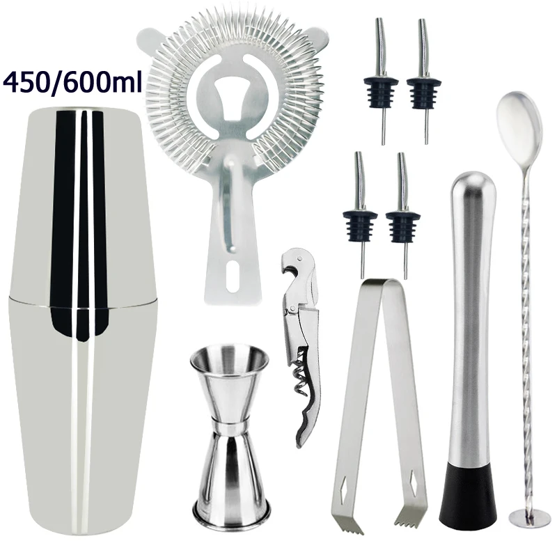 12Pcs 450 600ML 1-13 шт./компл. шейкер для коктейлей высокое качество набор для коктейлей из нержавеющей стали с деревянной подставкой и Коктейльная Книга кулинарных рецептов - Цвет: 12Pcs 450 600ML
