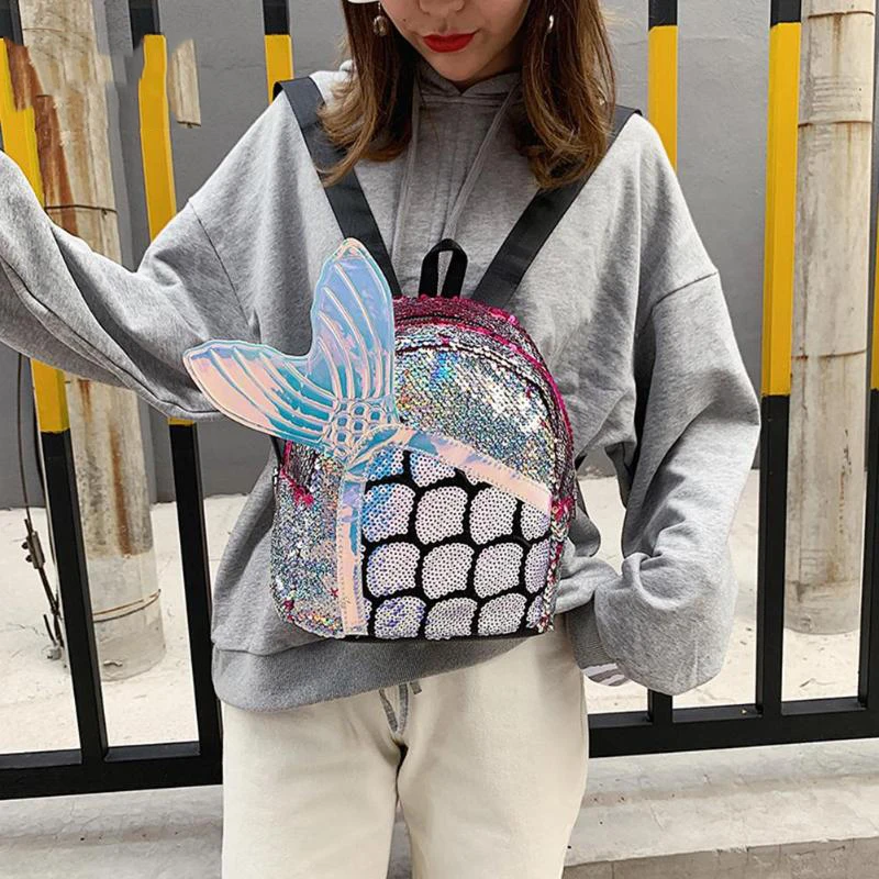 Женский рюкзак Русалочки с блестками для девочек милый школьный на молнии рыбьим