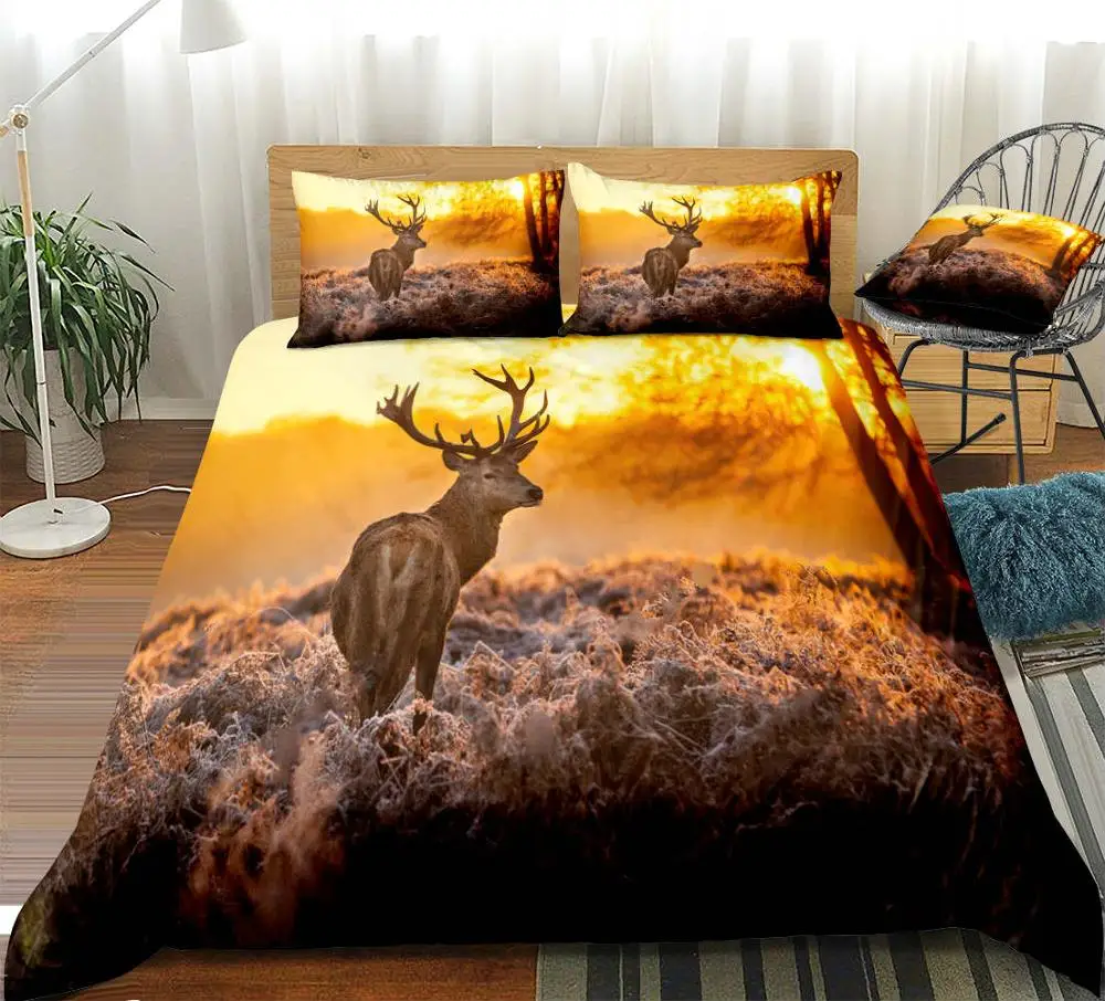 3D Elk пододеяльник набор Sunrise постельные принадлежности Дети мальчики девочки одеяло с изображением животных обложка олень домашний текстиль желтый комплект кровати Король 3 шт Прямая поставка - Цвет: Многоцветный