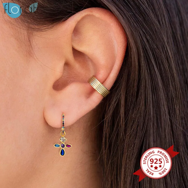 

925 Silver Ear Needle Cross Dangle Drop Earrings for Women Colorful Charming Crystals CZ Pendant Earring for Girl Jewelry Gifts