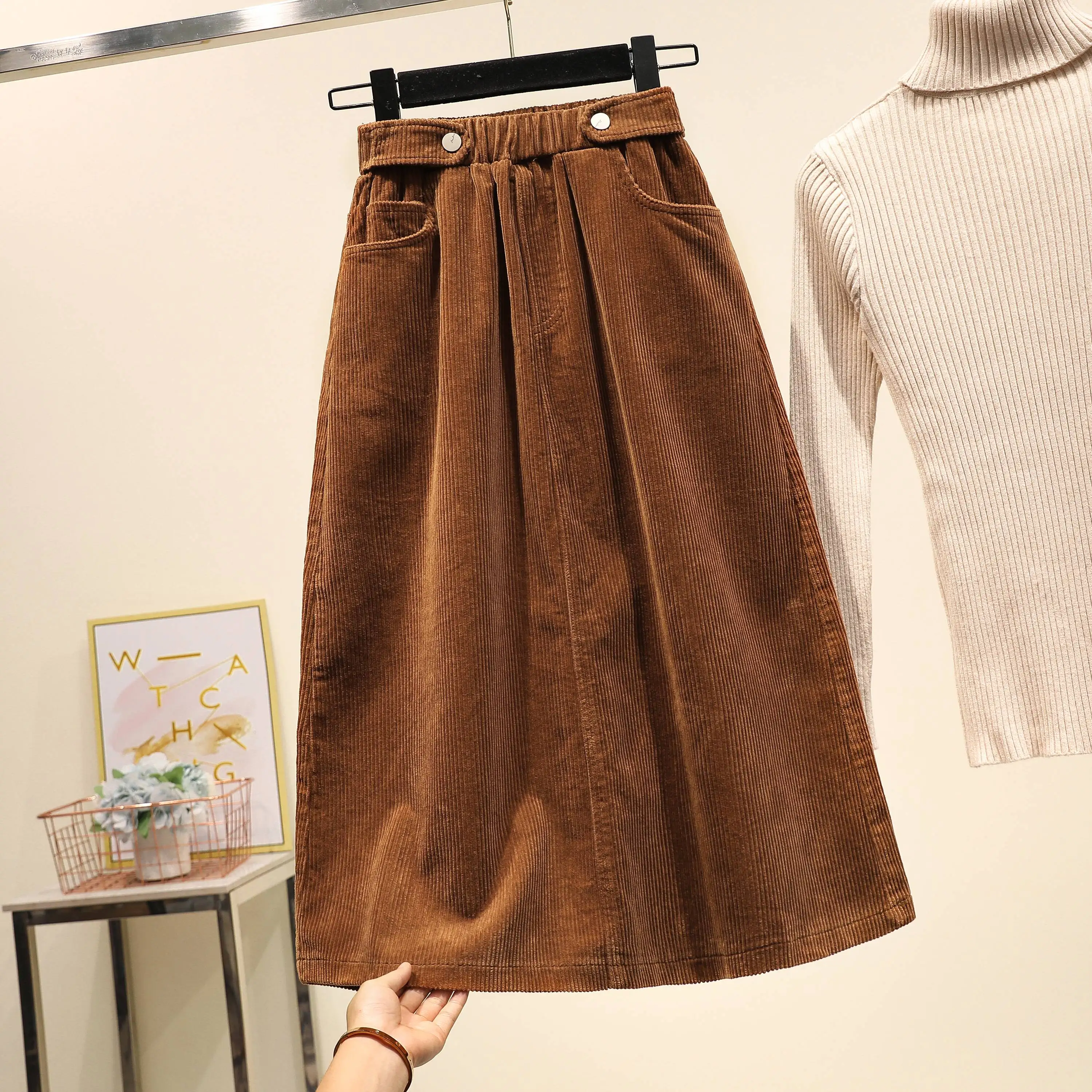 Юбка-миди Женская Вельветовая с высокой талией Осень-зима | одежда