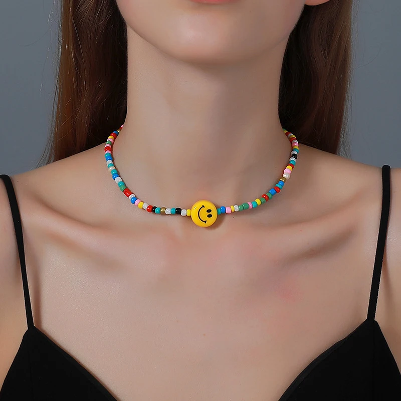 

New Trendy Beaded Choker Colorful Flower Smiley Necklace for Women Summer Hot Jewelry Cute Sweet Girls Smile Face Beads Necklace
