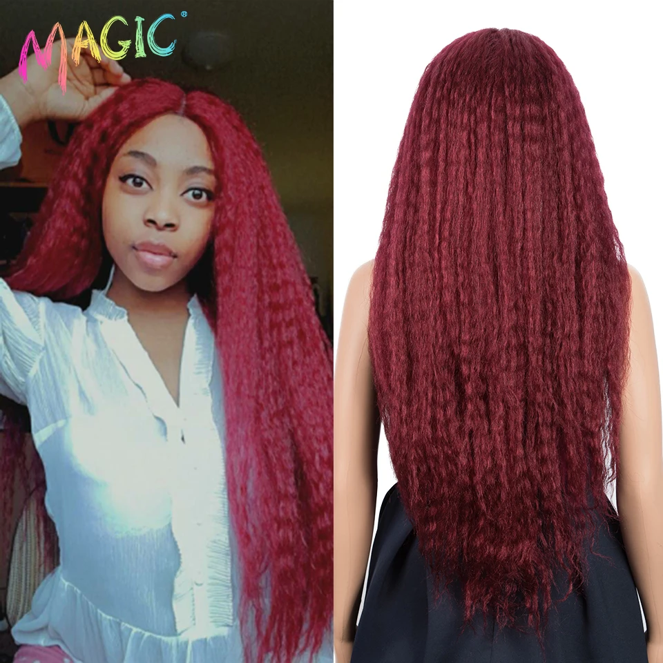 

Magic 32inhces Middle Part Nature Hair Yaki Straight Wig Long Red Wig Synthetic Part Lace Wigs For Blakc Women Heat Resistant