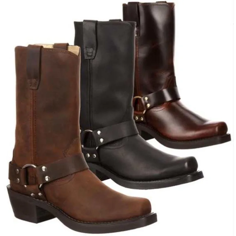 

Woman Knee High Boots Combat Vintage Leather Men's Rider Horse Boot Motorcycle Country Biker Low-heel Booties Plus Size 38-46