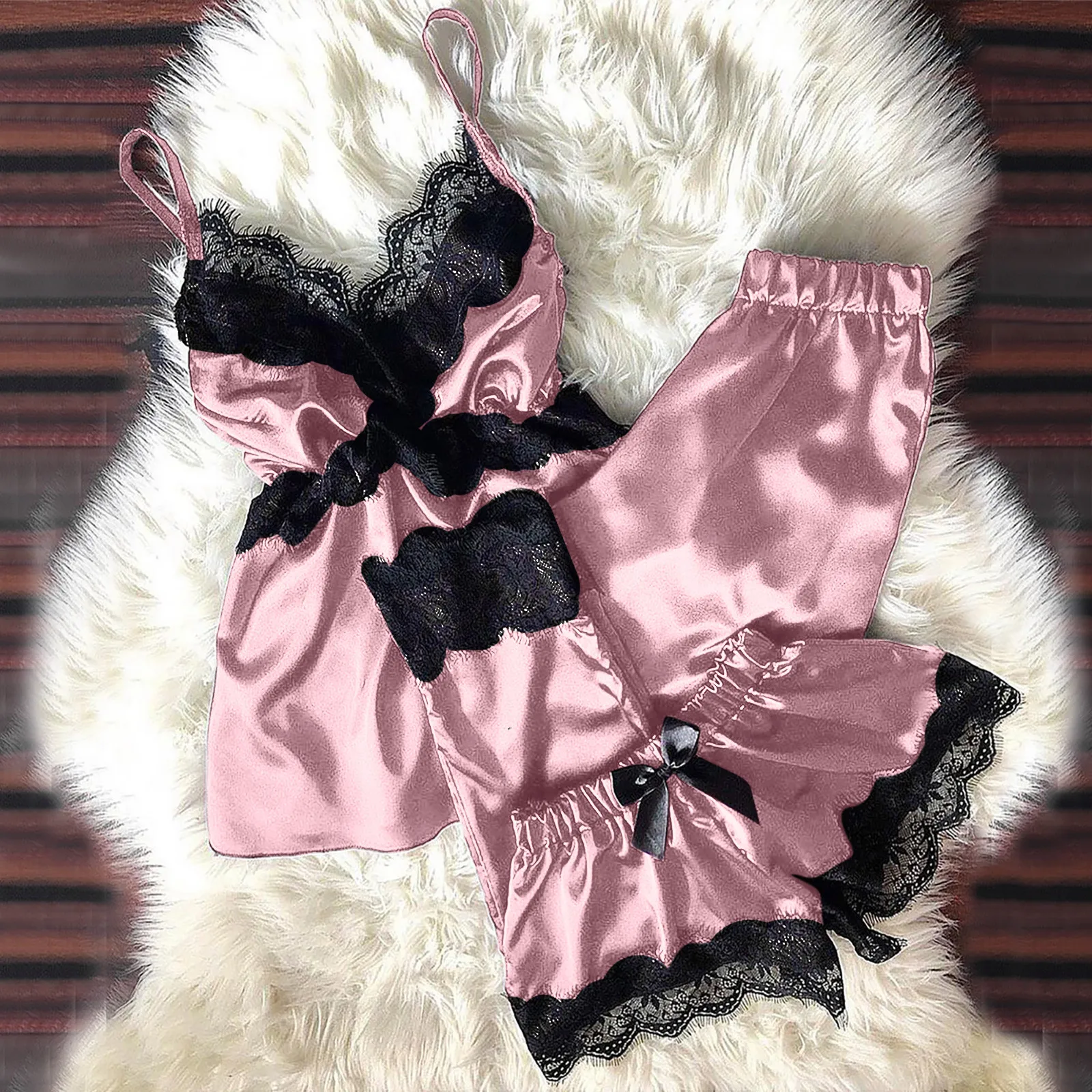 

3 pieces women silk lace spaghetti strap pajamas sets sexy satin camisole + shorts+long pants ladies nightwear pyjama big size
