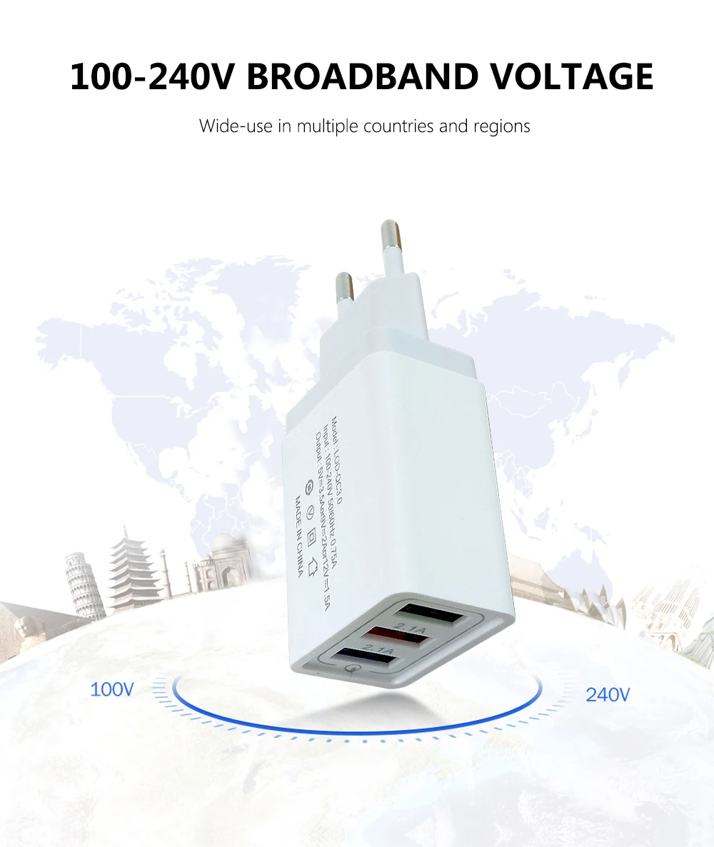 FBYEG зарядное устройство для мобильного телефона, тройное USB зарядное устройство, штепсельная вилка европейского стандарта, быстрая зарядка для iPhone, samsung, Xiaomi, huawei