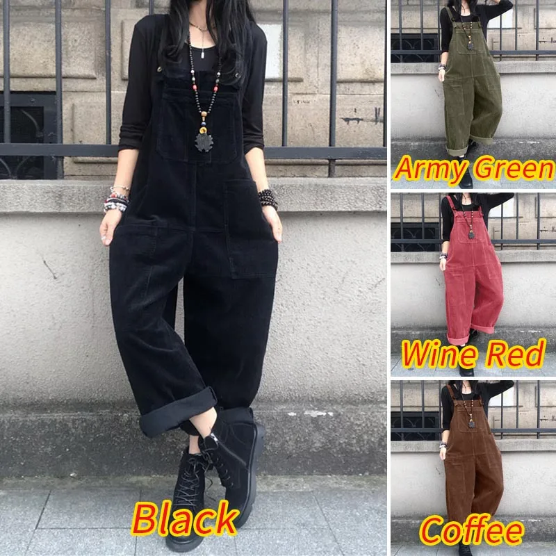 

2021 ZANZEA Kaftan Autumn Jumpsuits Women's Corduroy Pants Casual Suspender Wide Leg Playsuits Rompers Oversized 5XL