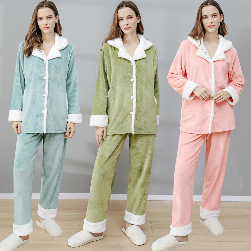 Женские зимние толстые теплые фланелевые пижамные комплекты из флиса