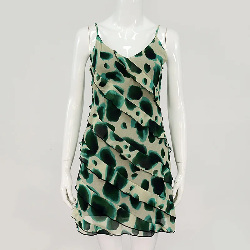 

2021 Summer New Women's Sexy Party Fashion V-neck Leopard Print Ruffled Backless Suspender Skirt Women's Dress